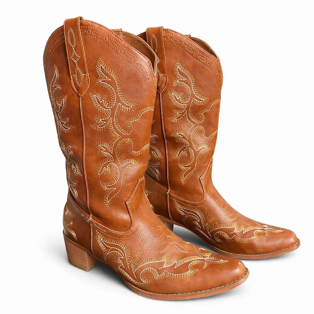 Cognac Embroidered Western Mid-Calf Boots Boho Cowgirl Rodeo Size 11.5 - Picture 5 of 10